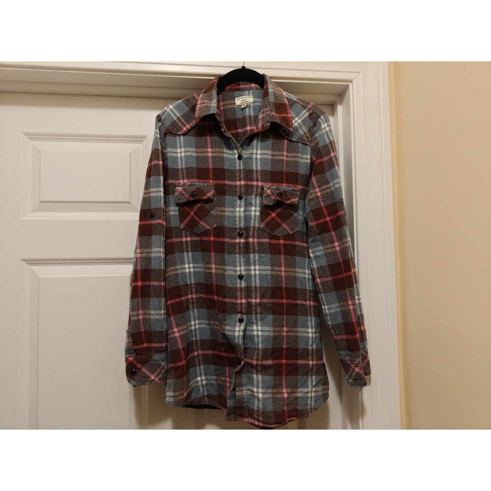 Matchstick Womens Plaid Flannel Button Down Shirt Brown Blue Pink Western Size M